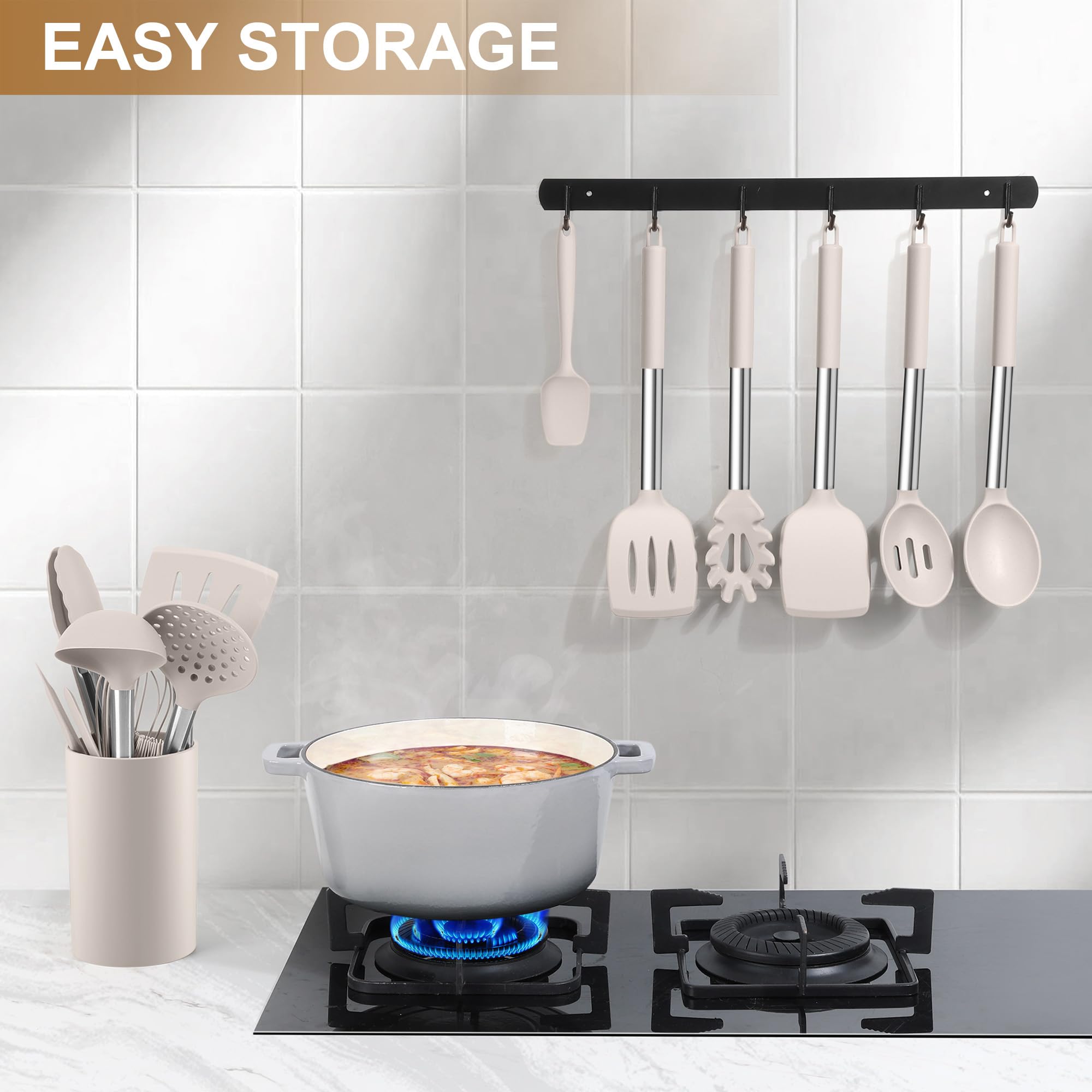 LIANYU Juego de 15 utensilios de cocina con soporte, herramientas de cocina de silicona con mango de acero inoxidable, dispositivos resistentes al calor, espátula, cuchara y batidor para utensilios de
