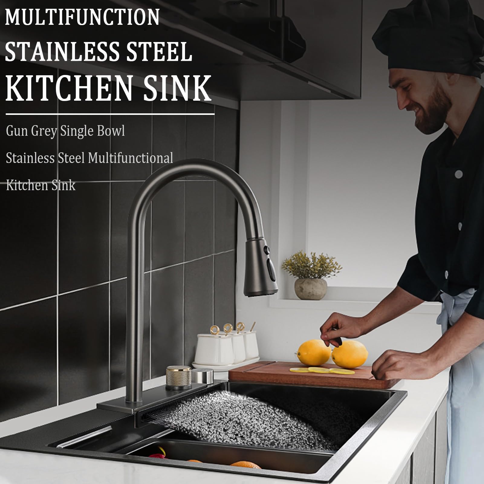 HYANXUE Nano-Unterbauspüle Aus Edelstahl 76x50x22 Cm – Mit Wasserfall-Armatur, Abtropfkorb & Zubehör
