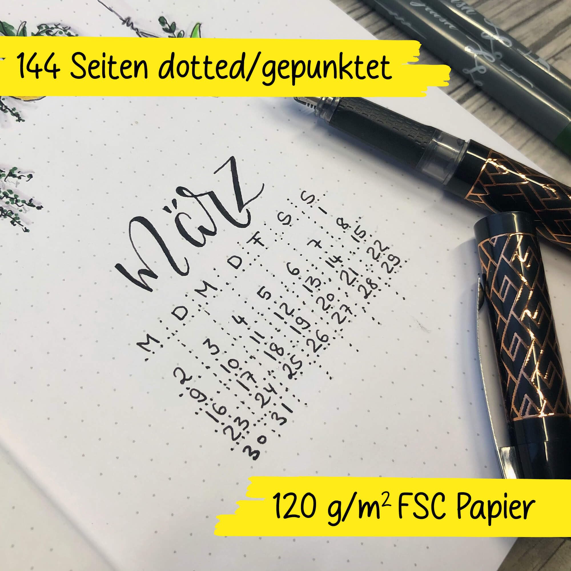 Online Bullet Journal Butterfly Dotted A5 z gumową taśmą, papier FSC, 120 g/m², 144 strony wewnętrzne, notes w kropki, z miękką okładką, dziennik do notatek, szkiców, list