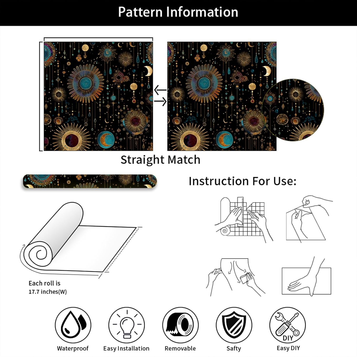 Enchanted Celestial Sun, Moon & Star Boho Style Matte Black Peel and Stick Wallpaper Easy Peel Off Contact Paper Stick on Adhesive Wall Paper for Bathroom Waterproof Renter Friendly
