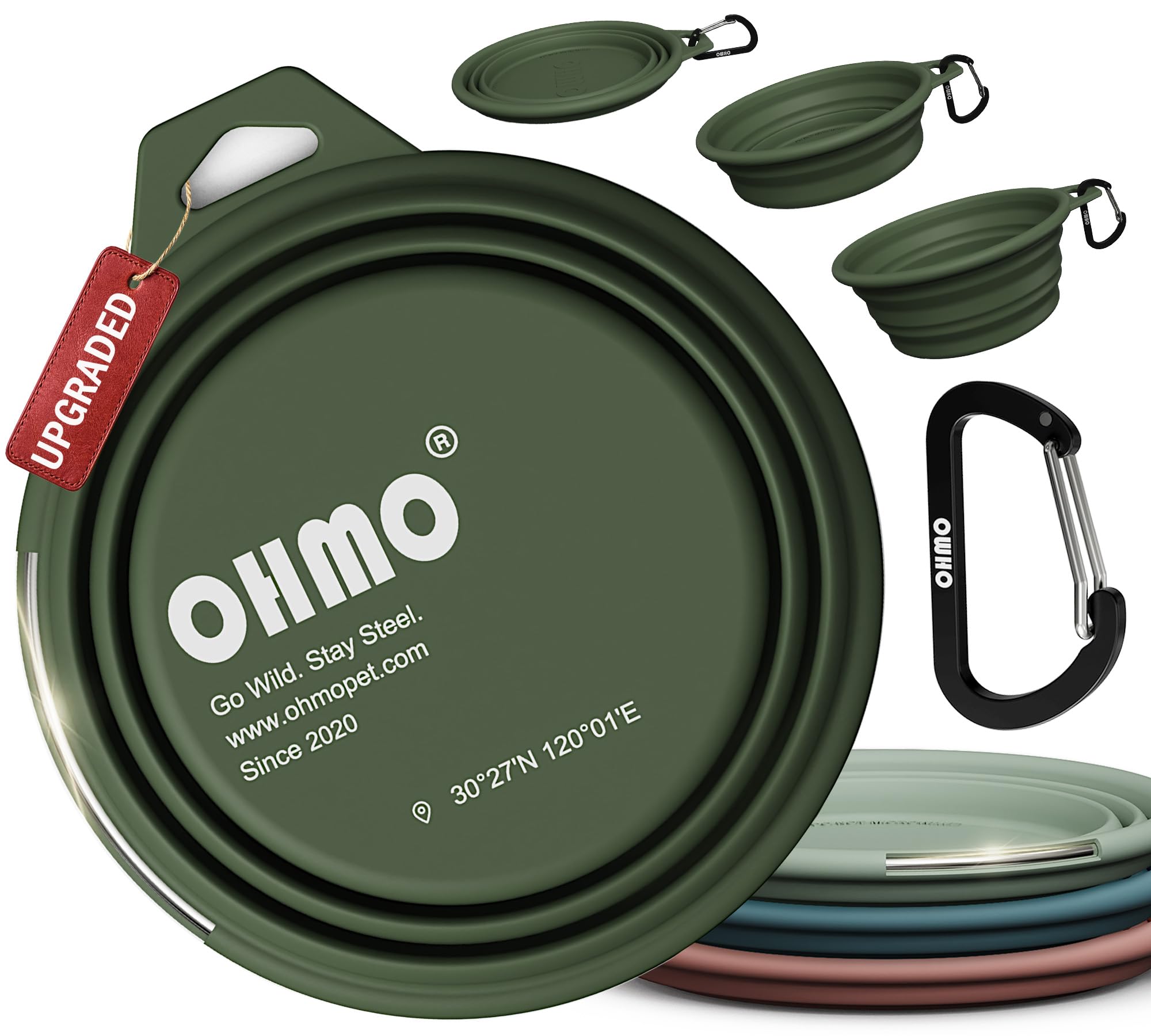 OHMO Large Collapsible Dog Bowl with Steel Ring, 800ml, Camo Green