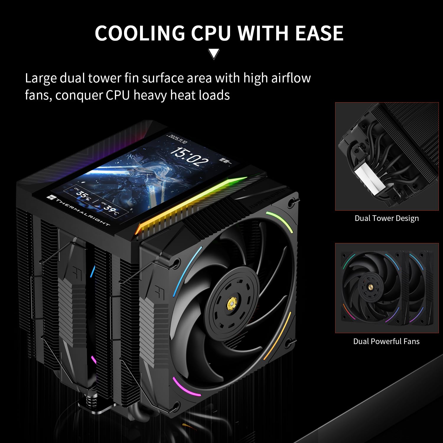 Thermalright Peerless Assassin 120 Vision MAX ARGB Black CPU Cooler, PC Heatsink Cooler 6 Heat Pipes, 5’’ Magnetic Display Screen with 480x854 Resolution,for AM4/AM5 and Intel LGA1700/1851 - 2