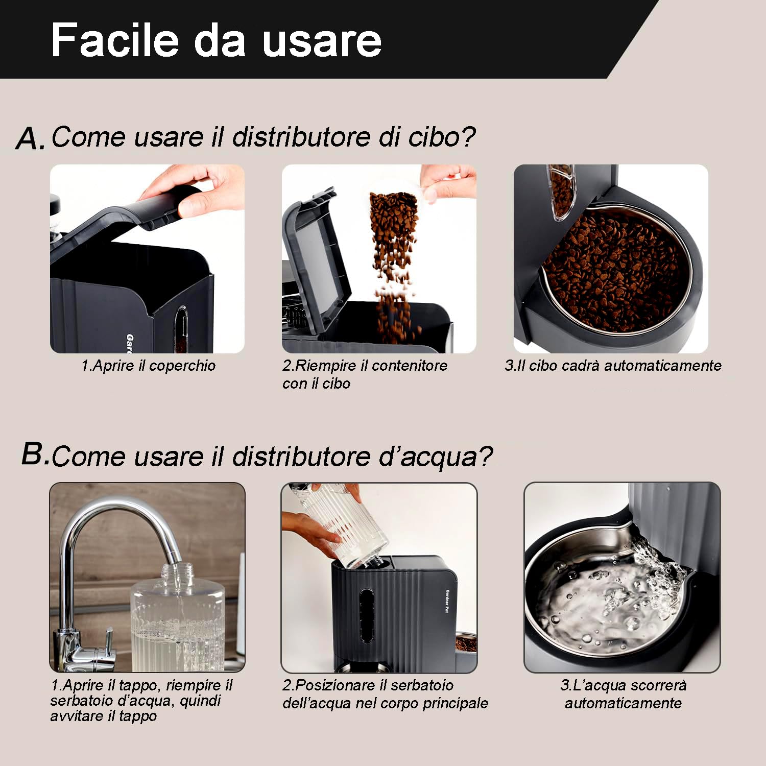 Gardner Pet 2 in 1 Distributore Automatico Cibo e Acqua Gatti (6L*2), Distributore Automatico Cibo Gatti con Ciotola in Acciaio Inox, GravitÀ Dispenser Crocchette Gatto, Senza BPA, Nero