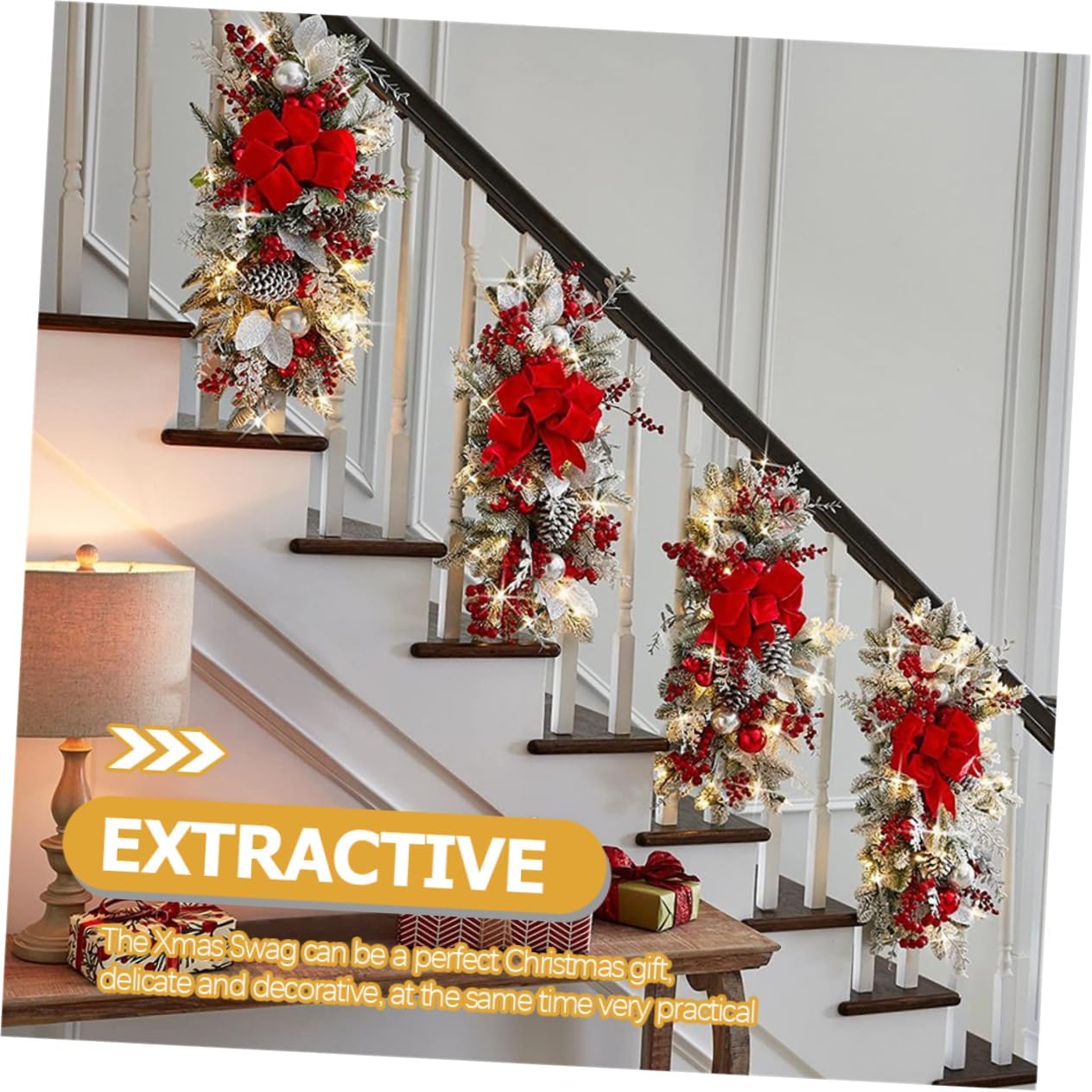 Alipis Stair Swag Christmas Garland Bowknot Decor for Holiday Decoration Lightweight Teardrop Swag Wreath for Fireplace Window and Party Use