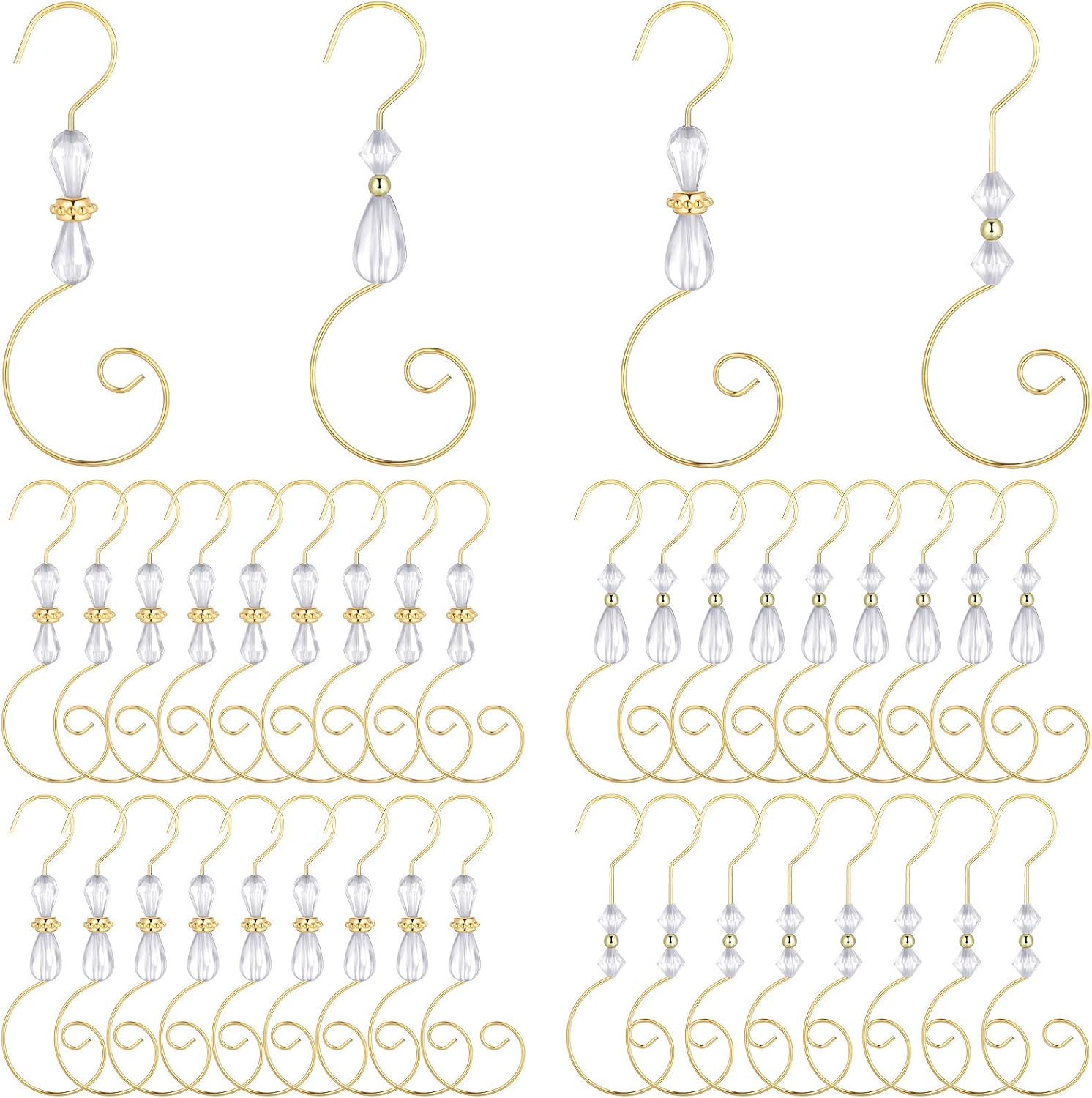 Ripeng Christmas Ornament Hook Acrylic Wire Ornament Hook Christmas Acrylic Ornament Hook for Christmas Tree Ornament Hanger, Home Decor, 4 Styles (Gold Hook, Transparent Bead,36 Pieces)