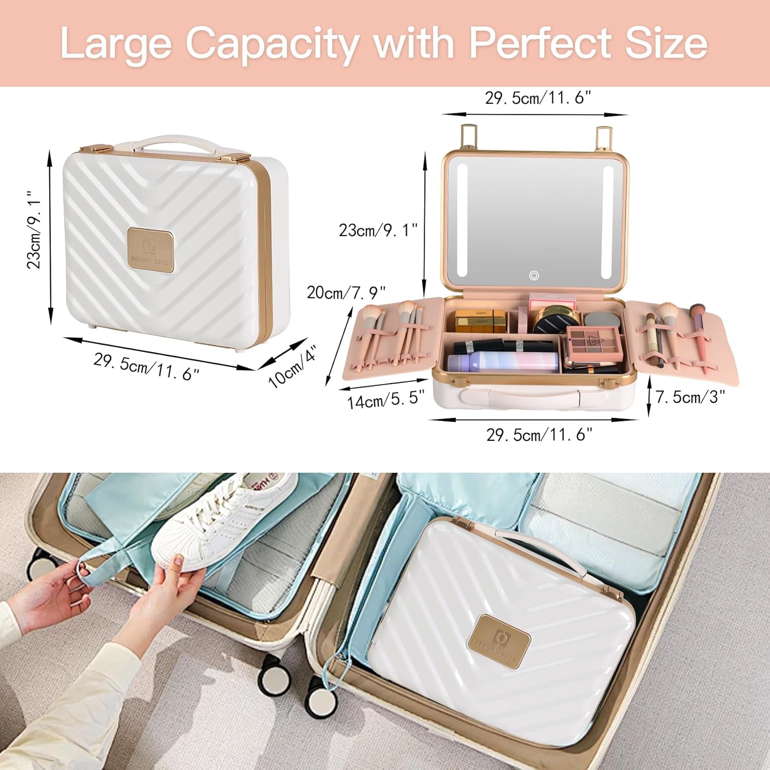 BEAUTY CASE DX 12 Makeup Bag with LED Mirror dimensions and capacity.