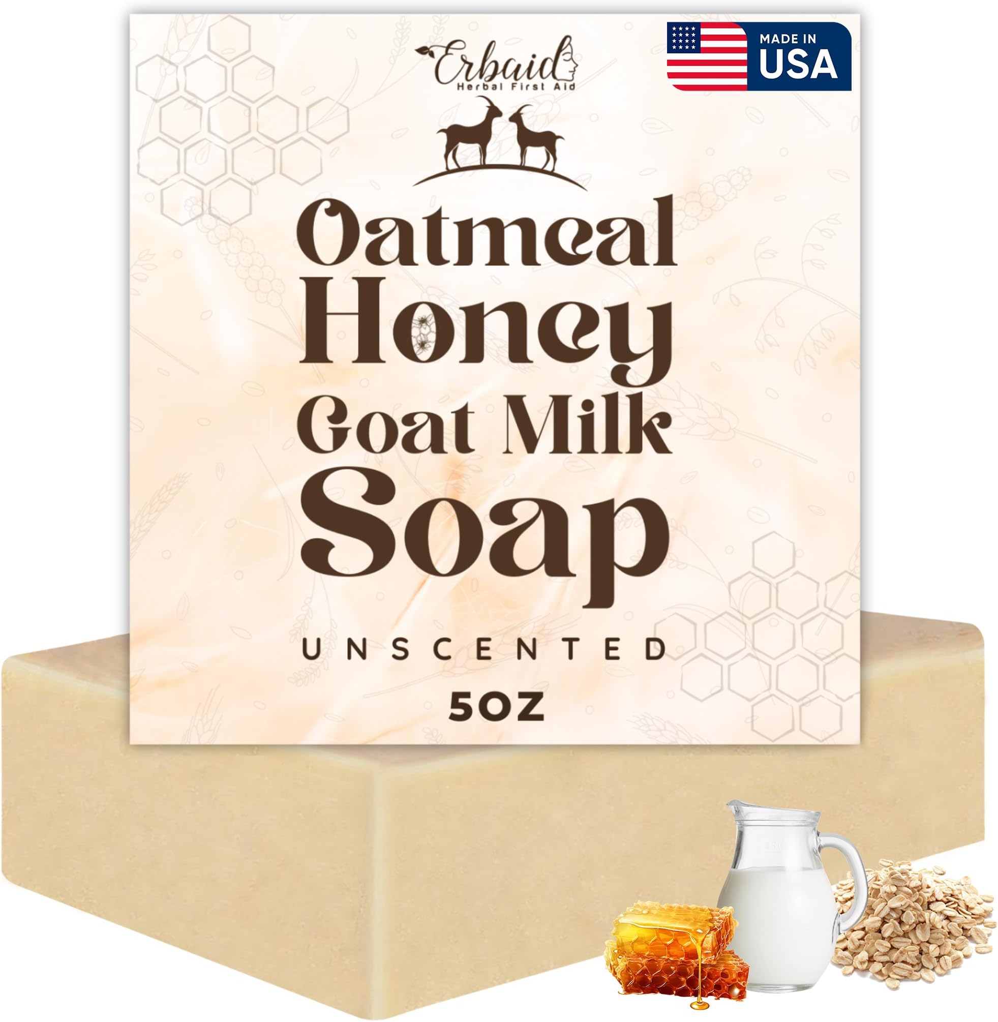 Oatmeal Soap โ Natural Oatmeal & Honey Goat Milk Bar โ Face & Body Wash for Eczema, Psoriasis, Dry, Itchy, Sensitive Skin Relief โ Unscented Soap Great for Kids, Babies โ Handcrafted, Made in USA