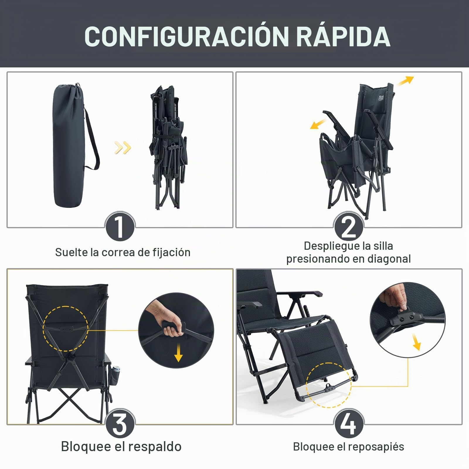 TIMBER RIDGE Silla de camping plegable en 4 posiciones, respaldo ajustable con reposapiés, asiento acolchado plegable, 150 kg, tumbona de jardín para camping, jardín, balcón, autocaravana