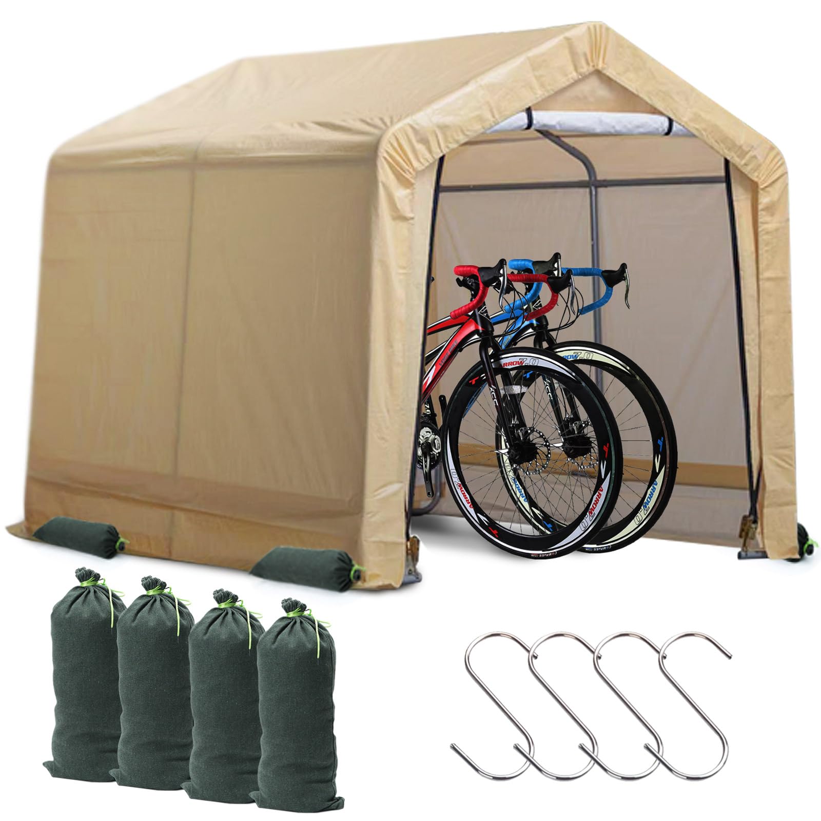 Weather Fast 6x6 ft Heavy Duty Outdoor Storage Shed with Roll-up Zipper Door S-Hooks and Sandbags, Waterproof and UV Resistant Portable Garage Carport, Motorcycle Bike ATV Tent Shed, Yellow