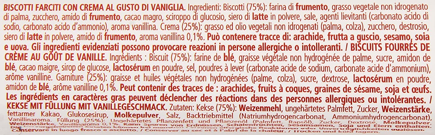 24 galletas Pavesi Ringo con vainilla, 165 g, galletas italianas con bocadillos y polpa italiano, 400 g