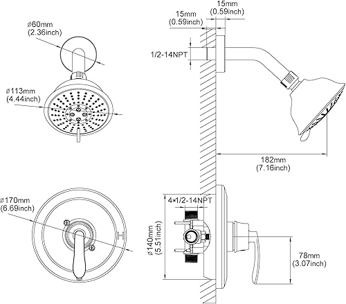 Miniatura 5 de PARLOS 1436708 - Grifo de ducha con válvula, kit de molduras de ducha de un solo mango con cabezal de ducha de limpieza táctil de 5 pulverizaciones,