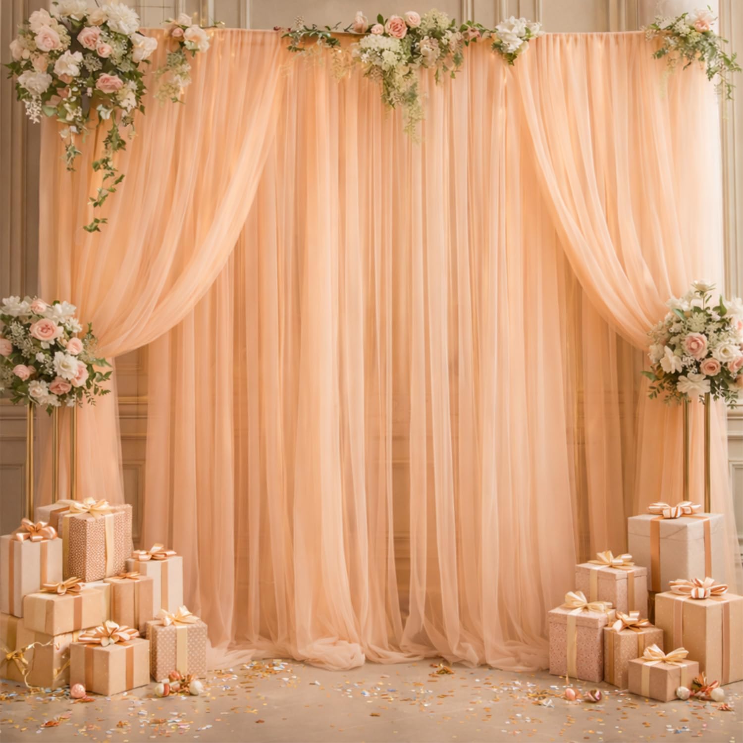 Party Propz Peach Net Curtain for Decorations - 3 Pcs Background Decoration Cloth, Birthday Backdrop for Decoration, Anniversary, Festival, Party, Wedding Backdrop Decorations for Home-image-10