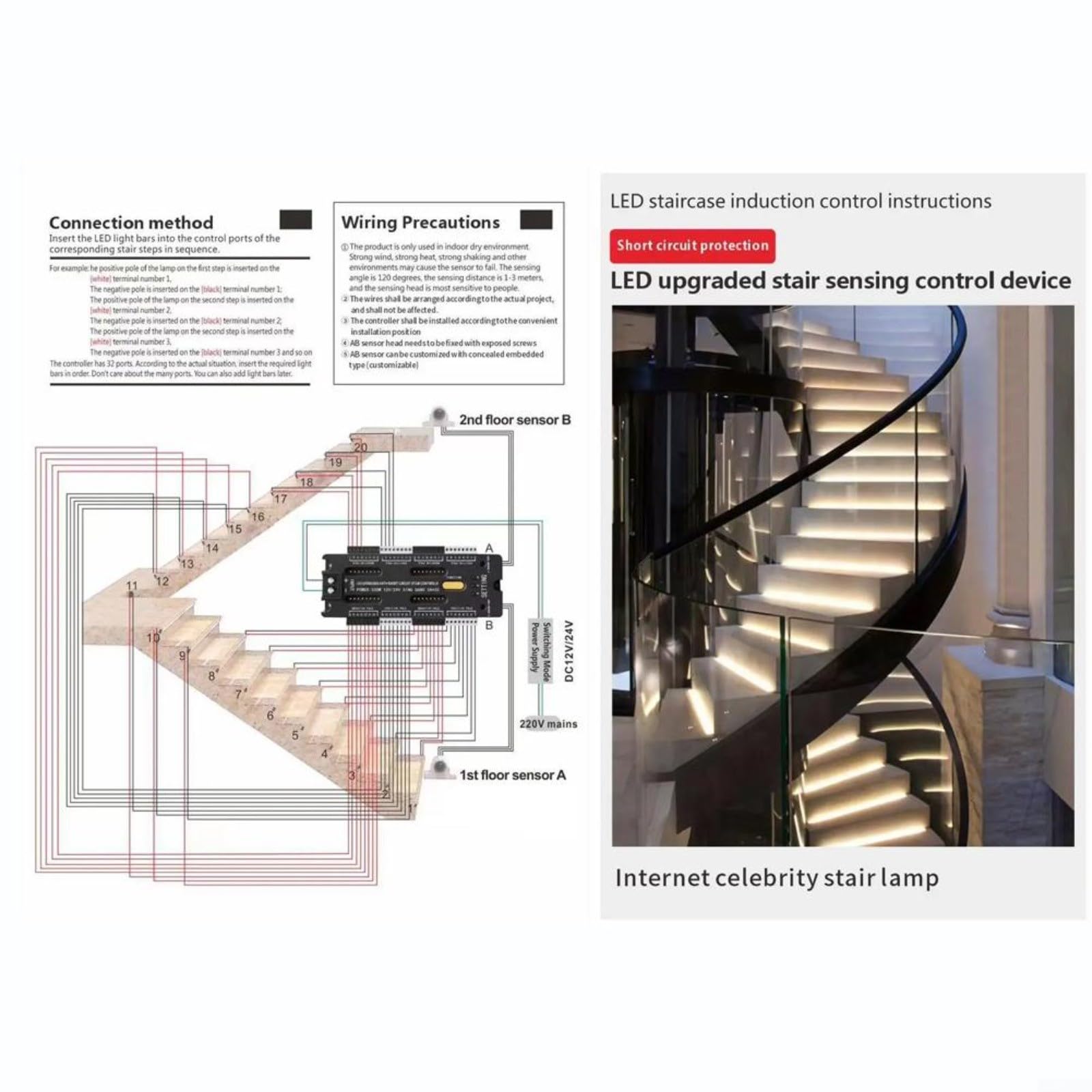 Kit di controllo per luci scale a 32 canali, sensore di movimento a LED, sistema di illuminazione a gradini con 18 modalità di illuminazione, regolabile e lunghezza della striscia per scale interne
