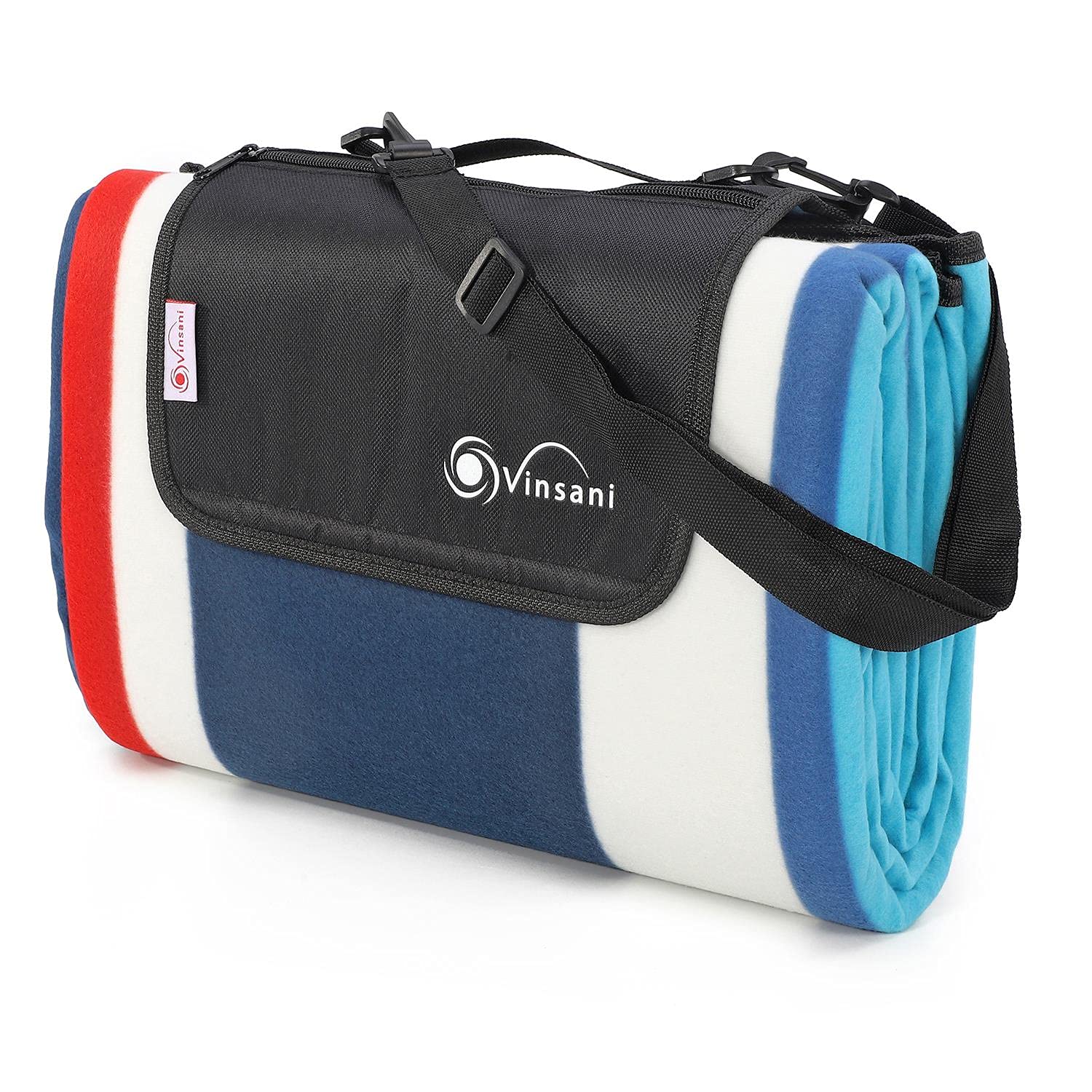 Vinsani Foldable Picnic Blanket 200 x 200 cm - Anti-Slip, Durable Waterproof & Sand Proof Outdoor Rug Mat for Camping, Beach, Hiking, Park & Garden, Easy to Carry, Machine Washable | Aqua Stripe