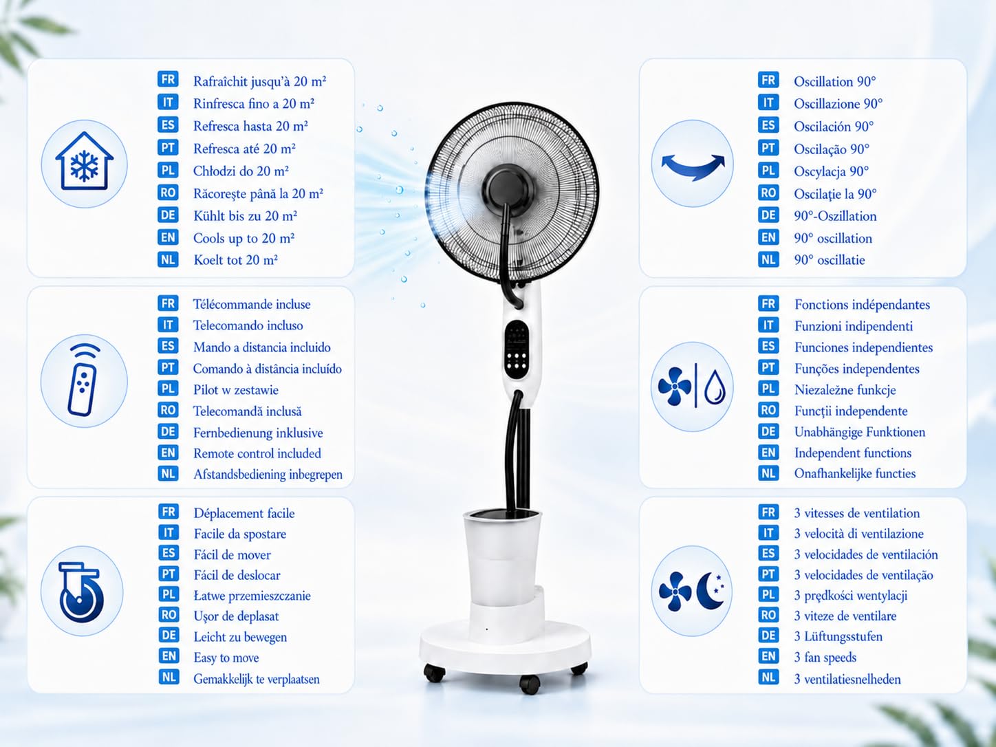 O'FRESH Ventilateur brumisateur sur Pied 125 cm – Puissant & Silencieux – Oscillation Automatique – 3 Vitesses – Intérieur – Idéal Maison, Bureau, Chambre - Rafraichit instantanémant