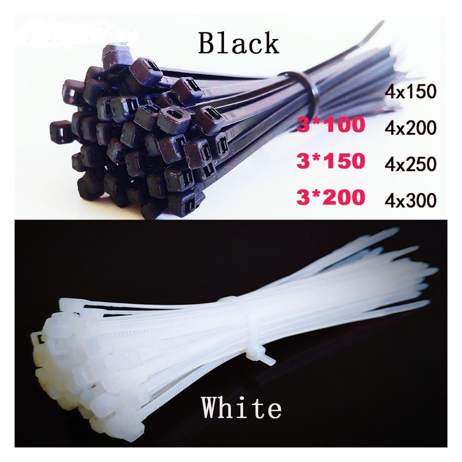 Derencias pesadas con tirolina, Bridas for cables, surtido de bridas for cables, autobloqueantes, 100 piezas(White,4 300mm)