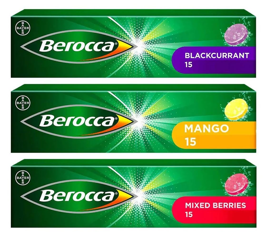 Berocca Effervescent Tablets, Blackcurrant, Mango, and Mixed Berries Flavours, Helps Reduce Tiredness and Fatigue While Supporting the Immune System, Each 15 Count X 3 Pack (From UK) By DECADENT-image-7