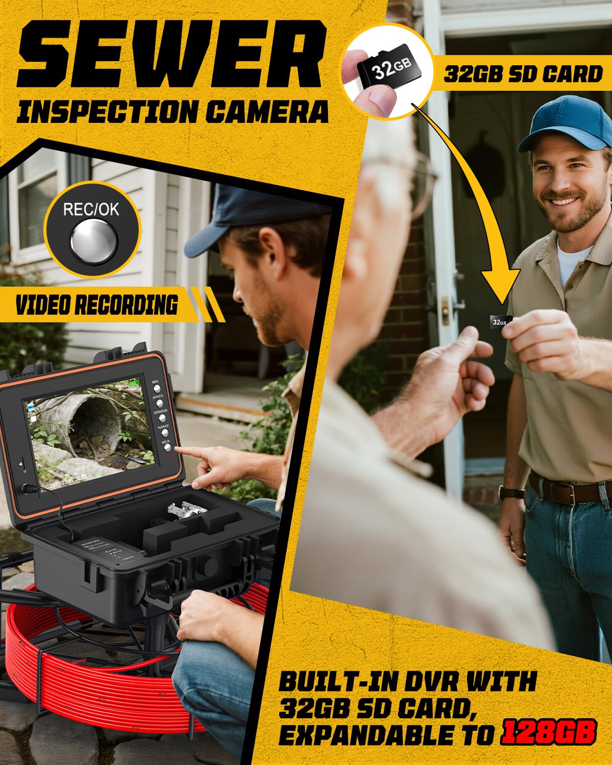 Anysun 9'' Sewer Camera Self Leveling, 7MM Fiberglass Cable, 5100mAh, DVR — Amazon image 6