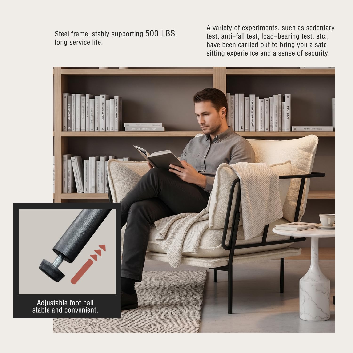 Bouclé Loungesessel mit Metallbeinen – gepolsterter Akzentstuhl als Lesesessel, Wohnzimmerstuhl, Schlafzimmerstuhl & Balkonstuhl, moderner Polstersessel für Entspannung (Creme, 1 Stück)