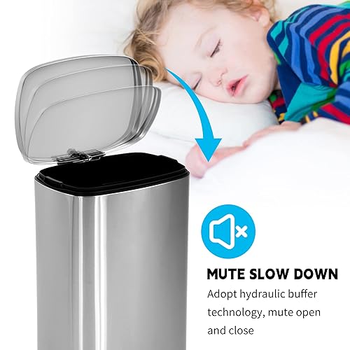Miniatura 6 de BLKMTY Bote de basura de 13 galones para cocina, con tapa, de acero inoxidable, cubo de basura con cubo interior, cubo de basura con pedal interior,