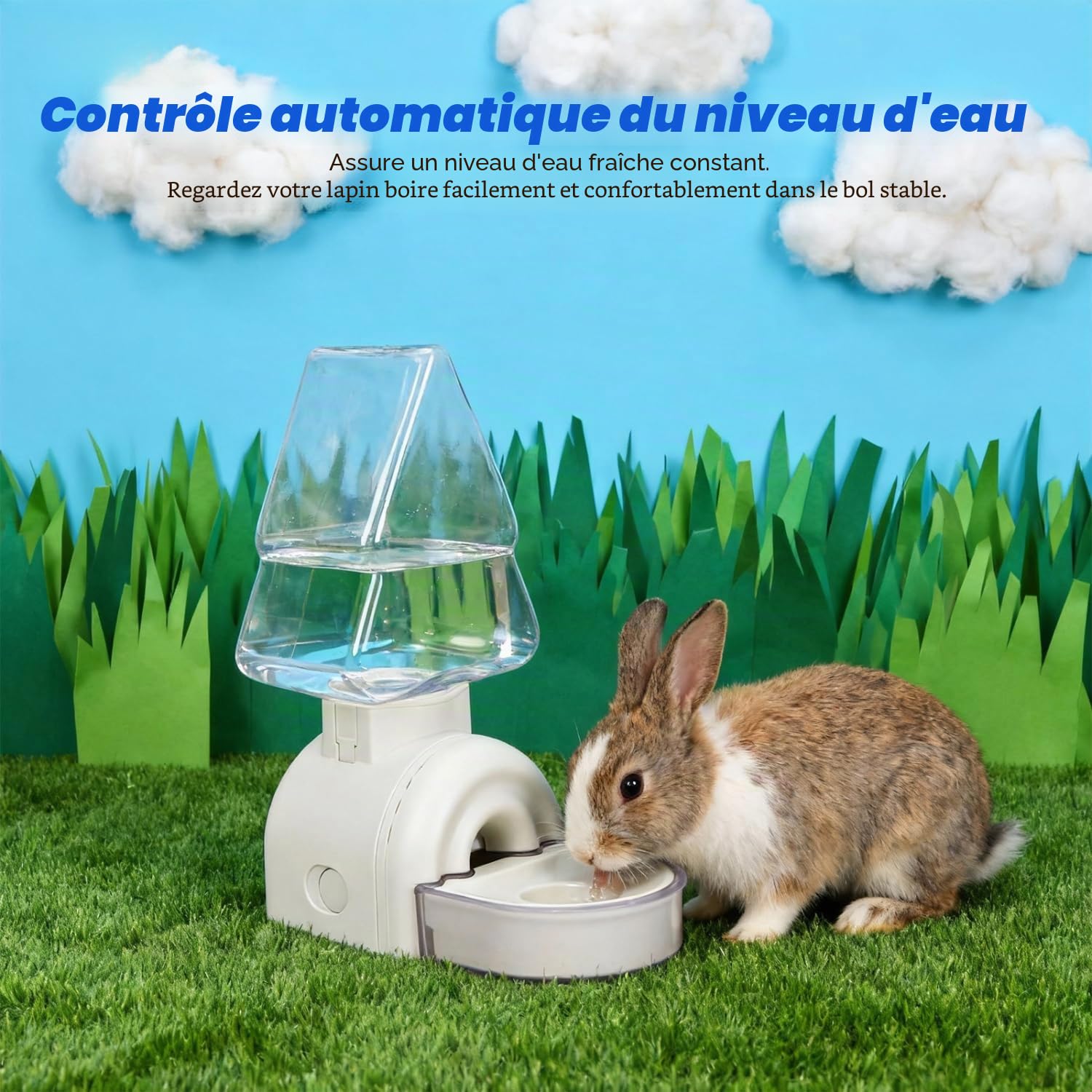 Nobleza Distributeur Eau Lapin 520ml - Abreuvoir Automatique avec Biberon Anti-Fuite, Installation Suspendue ou sur Pied, Design Flottant - Blanc
