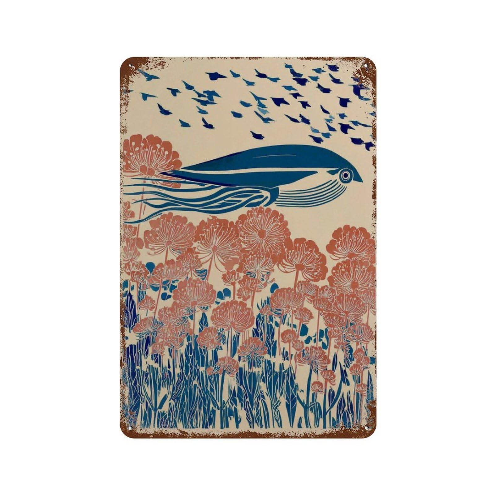 xiaoxiaoshen Night Meadow Pink Wildflower Whimsical Rabbit And Firefly Japanese Woodblock Sty Wall Decor Art Metal Tin Poster Modern Home Decor Art Home Bar Shop Decorations Vintage Sign 30x20cm