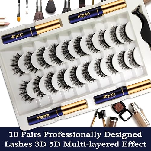 Miniatura 2 de Pestañas magnéticas de aspecto natural, pestañas magnéticas con 4 tubos de delineador magnético, kit de 10 pares de pestañas postizas mangéticas con