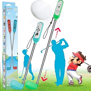 Mario Golf Clubs for Switch/Switch OLED, Adjustable Golf Club for Switch/Switch OLED Pressed ZL&ZR with Hand Strip for Controller, Golf Club for Switch Sports for Mario Golf Super Rush - Green & Blue