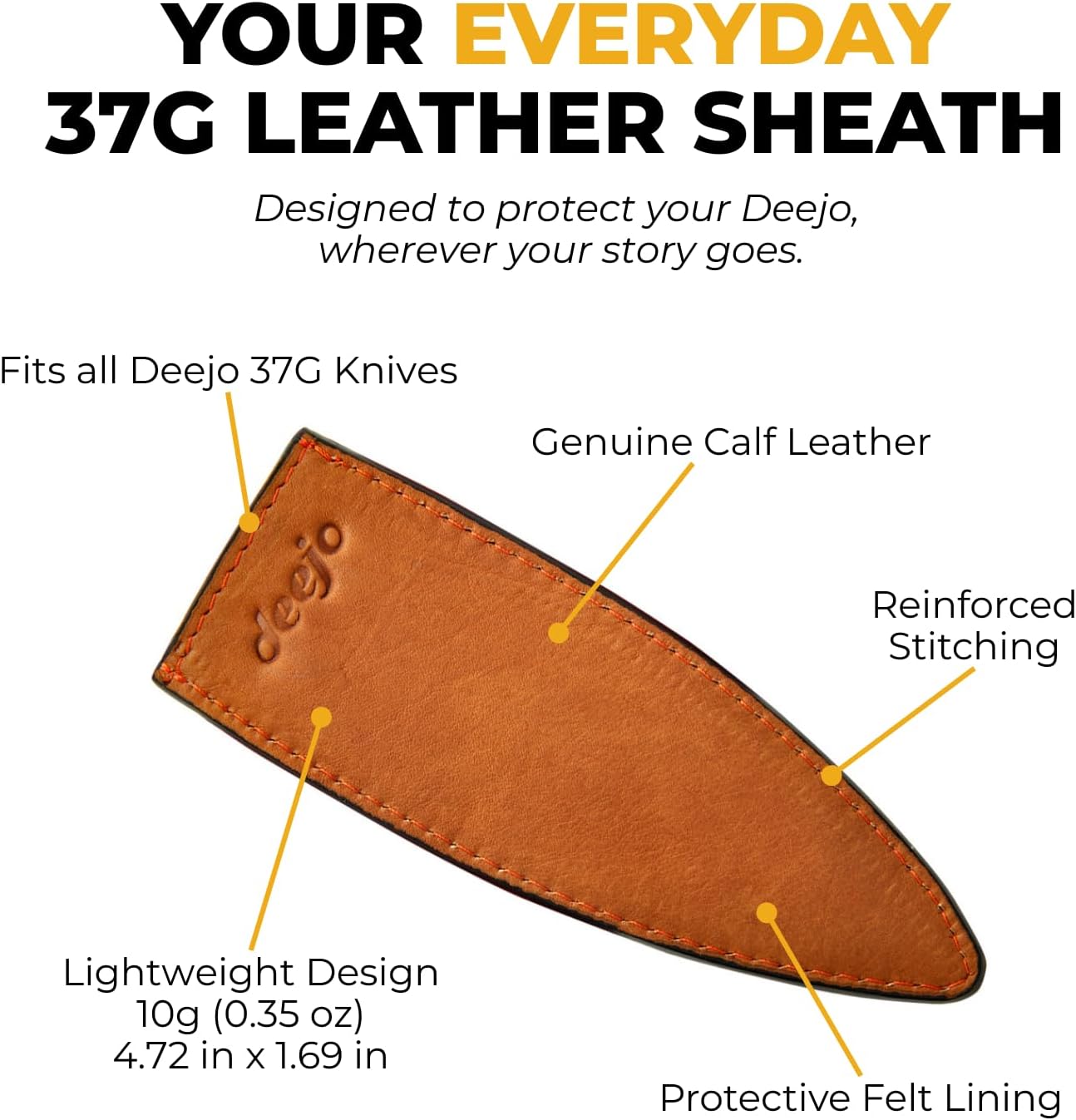 deejo - Leather Sheath – Genuine Calf Leather Case for 37G Folding Knife – Natural Finish, Lightweight Protection for Everyday Carry