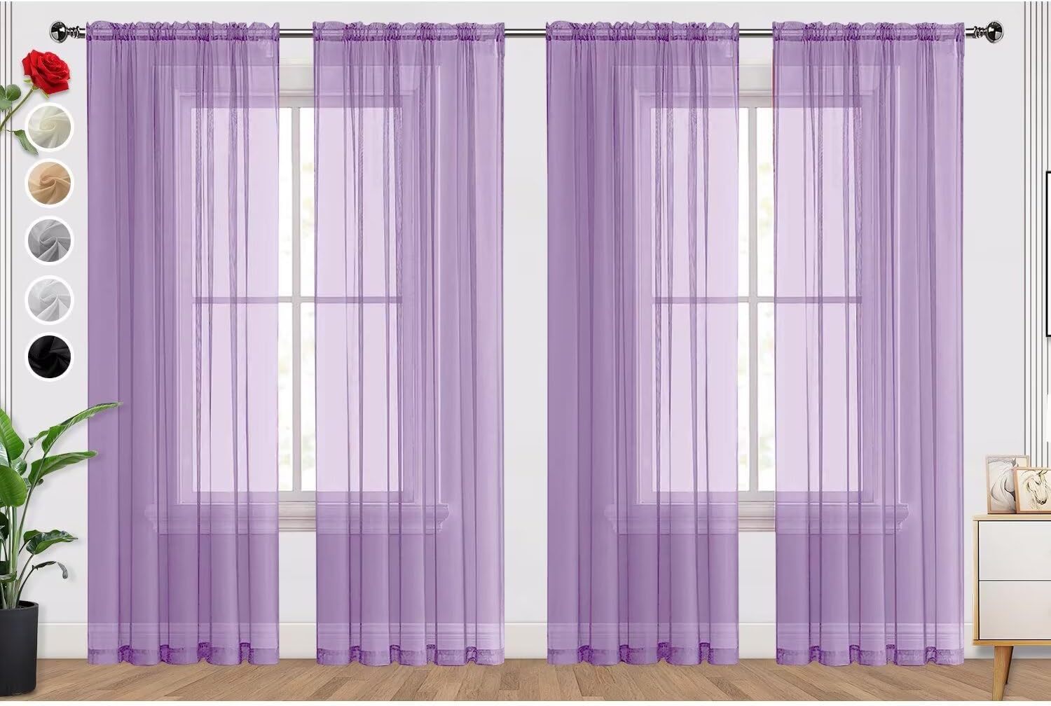 SpaceDresser Lavender Sheer Curtains 4 Panels Rod Pocket Semi-Sheer Curtain 108 Inches Long Light Filtering Voile Window Drapes for Bedroom Living Room Kitchen, Each 52W x 108L