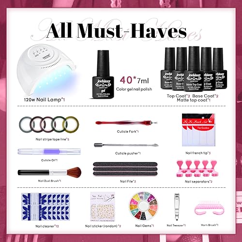 Miniatura 2 de JEWHITENY Kit de 43 esmaltes de uñas de gel con luz UV de 120 W, lámpara LED de uñas de 40 colores, juego de esmalte de uñas de gel, herramientas de