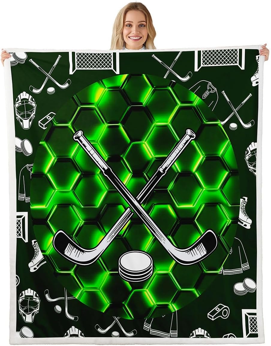 Boys' Neon Throw - 50"X60" Sports Ice Hockey Fleece Bed Blanket for Teen Men Kids - Geometric Honeycomb Sherpa Winter Hockey Fuzzy Blanket