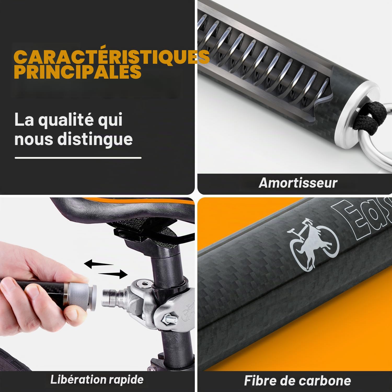 V2.0-Laisse de vélo pour Chien rotative à 180° avec amortisseurs et mécanisme d'attache Rapide | Fibre de Carbone (Noire)