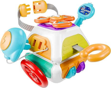iPlay, iLearn 10 in 1 Baby Busy Board Cube, Montessori Sensory Toy Toddler 1-3, Infant Carseat Plane Travel, Kid Education Learning Activity, Birthday Gift 6 9 10 12 18 Month 1 2 Year Old Boy Girl