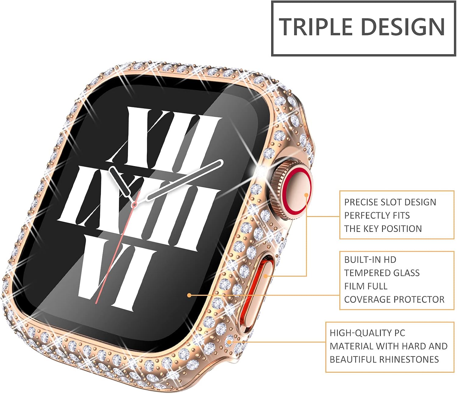 Fullife 3-Pack Crystal Diamond Bling Cases Compatible with Apple Watch 40mm Protective Bumper with Tempered Glass Protector for iWatch Series 6 5 4 SE, Rosegold/Rainbow/Clear : Cell Phones & Accessories