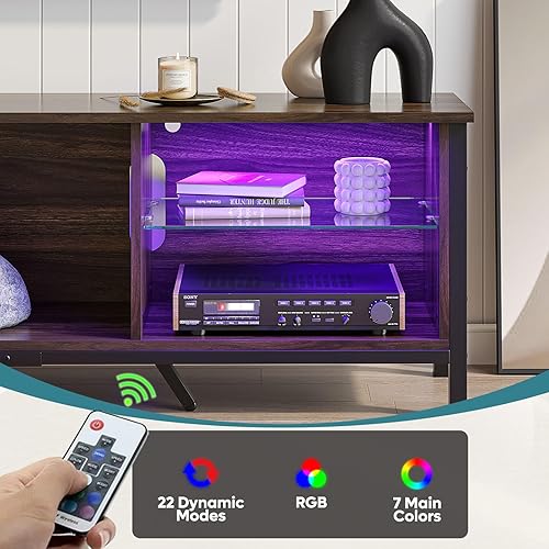 Miniatura 3 de Bestier Soporte de TV de 70 pulgadas con luz LED, moderno centro de entretenimiento para juegos con estantes de vidrio desmontables para PS5,