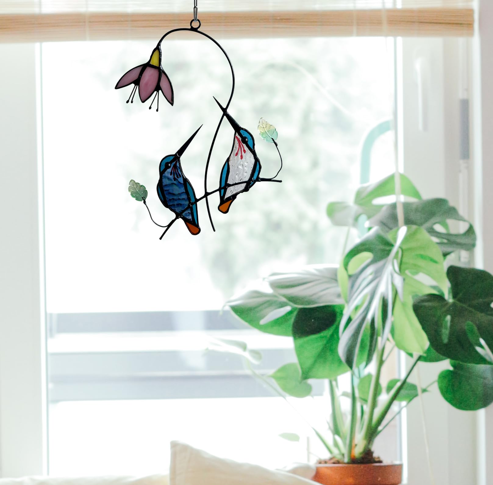 Colibri Avec Fleurs Pressées Attrape-soleil En Vitrail