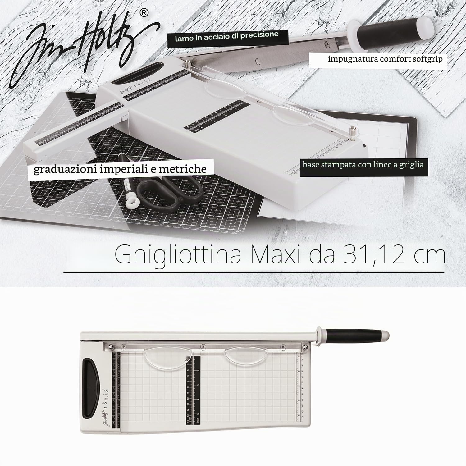 Tonic Studios Tim Holtz Taglierina per Carta Maxi - Guillotine para Papel 30,5 x 30,5 cm - Lama in Acciaio Inox, Braccio Estensibile, Piedini Antiscivolo e Impugnatura Comfort per Progetti Creativi