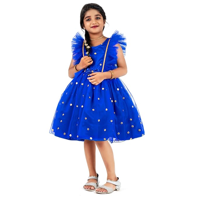 Stanwells Kids Dress for Girls Bow Shade Sequins Embroider Knee Length Frock for Baby Girls Silk Birthday Perfect Dress Frock