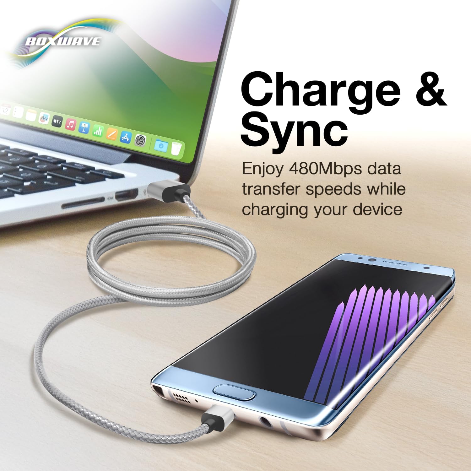 Close-up graphic of the braided nylon exterior of the BoxWave DuraCable, with text 'Nylon Braided Cable' and 'Durable construction resists tangles and fraying'.