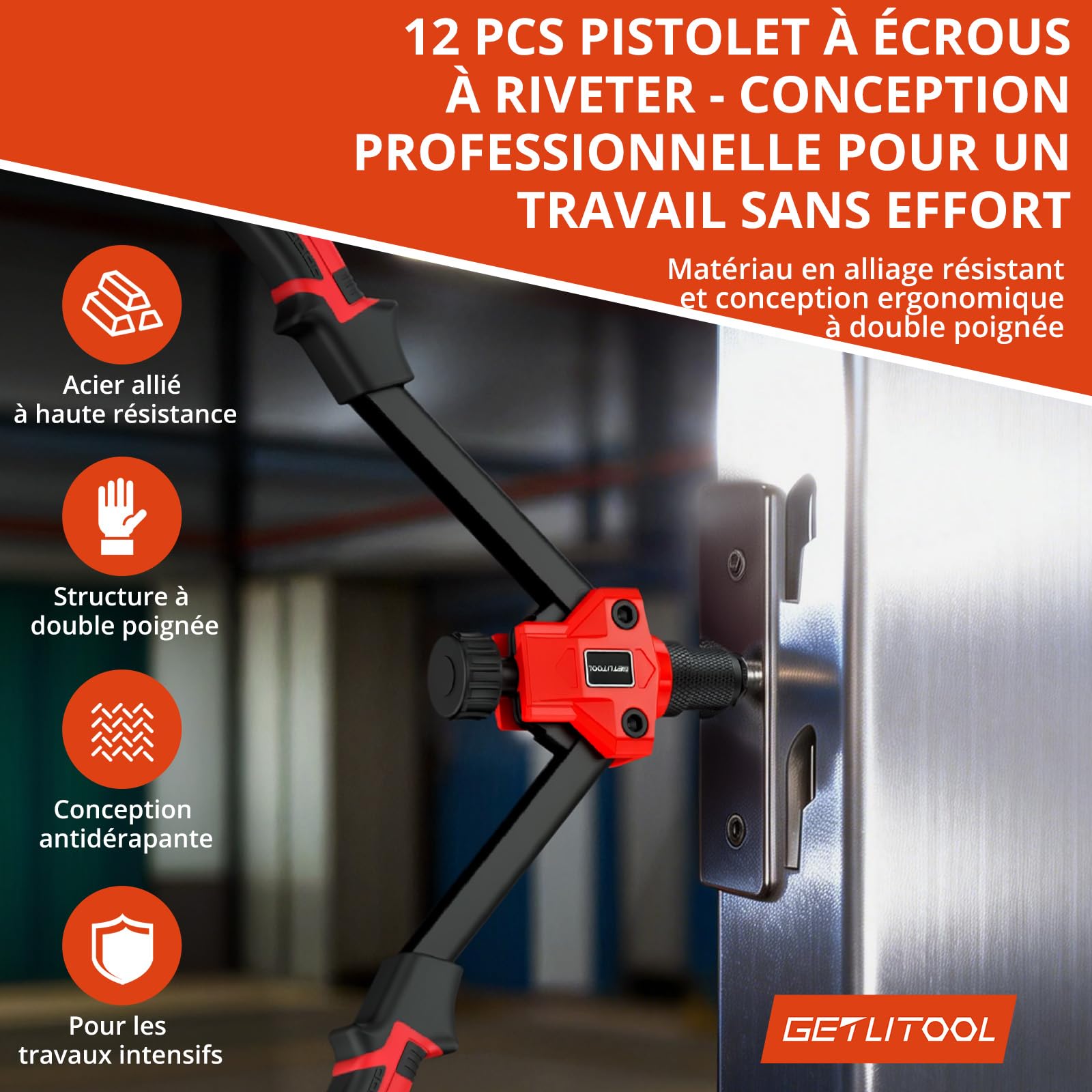 GETLITOOL Pince à Rivets Professionnelle Riveteuse Manuelle avec 7 PCS Mandrins M3 M4 M5 M6 M8 M10 M12，Pistolet à Riveter à Hôte Unique avec Étui de Transport pour Automobile,Meubles,Instruments