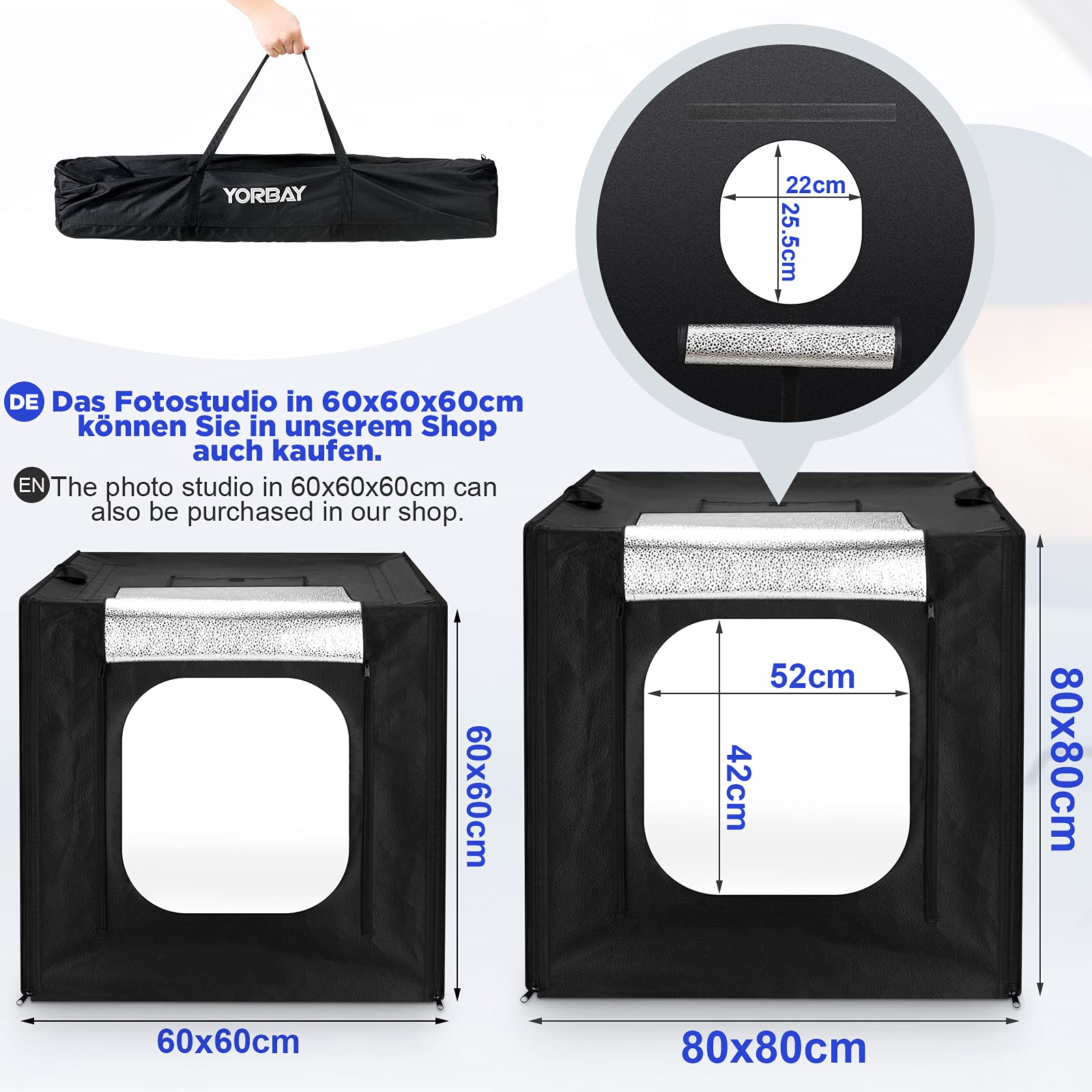 Yorbay Fotostudio Set per studio fotografico 80 x 80 x 80 cm, CRI 95+, con 4 pellicole in PVC (nero, bianco, grigio, bianco caldo)