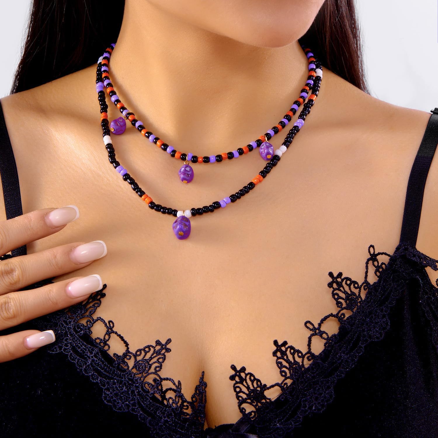 Halloween Multilayer Colorful Beads Necklace Skull Ghost Pendant Choker Necklace Holiday Night Costume Party Jewelry - Image 3