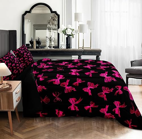 Miniatura 4 de Merryword Juego de edredón con lazo rosa intenso, tamaño King, 4 piezas, pajarita princesa, ropa de cama color negro, edredón de cama