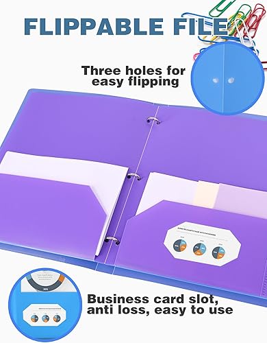 Miniatura 6 de Paquete de 6 carpetas de plástico de 3 agujeros perforadas con 2 bolsillos, carpetas de 3 agujeros con bolsillos con ranura para tarjetas de visita,
