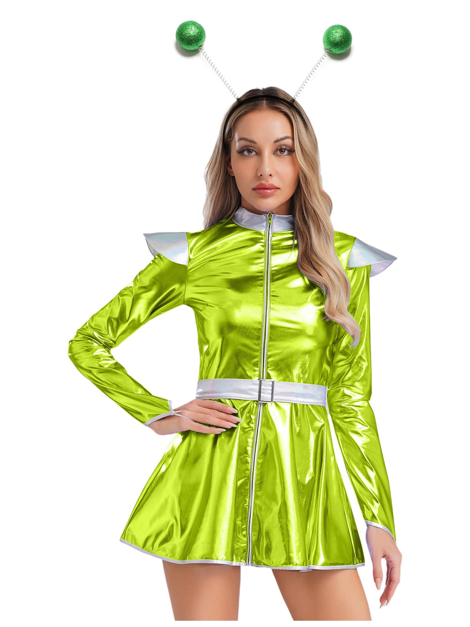 Yiesvsov Women Alien Metallic Dress for Halloween Cosplay Costume Long Sleeve Catsuit Funny Bodysuit 2 Pcs Set Green XXL