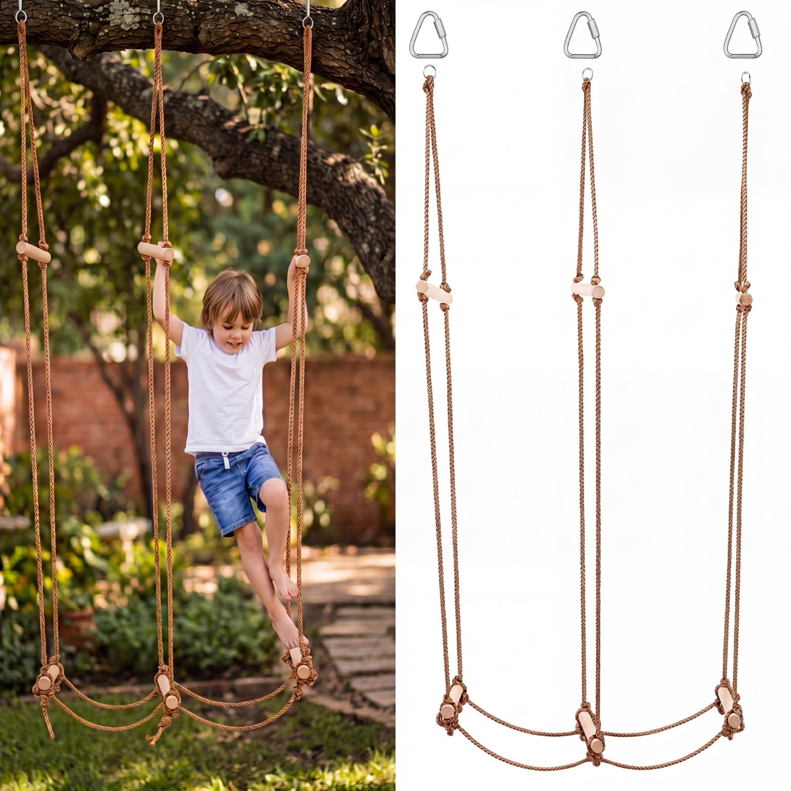 Simgoing Puente de cuerda para niños Rickety Bridge Escalera de cuerda Ninja Slack Line Accesorios de patio trasero Carrera de obstáculos para entrenamiento Ninja Warrior