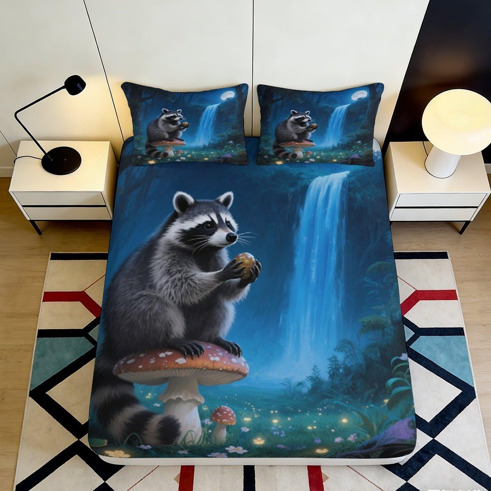 Pnayamiorkfel Style-6 3D Printed Night Waterfall Raccoon Fitted Sheet Microfiber Soft Mattress Cover For Bedroom Dorm Decor Protection 90X200x25cm