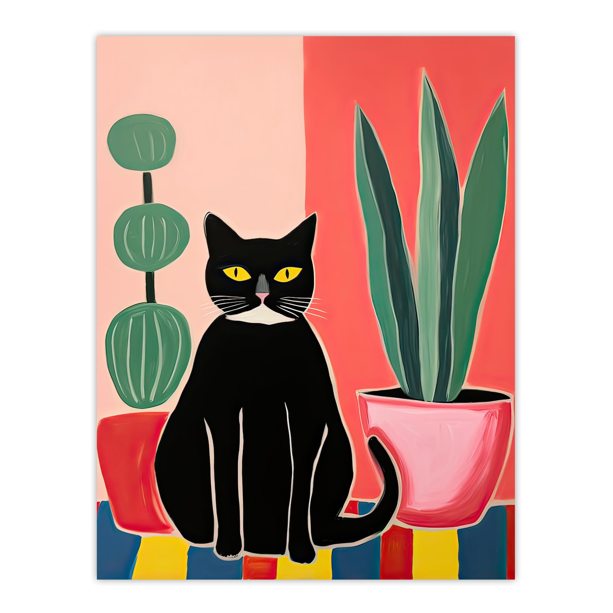 Artery8 Black Cat and Succulents Henri Matisse Style Oil Painting Simple Pet Portrait with Potted Plants Large Wall Art Poster Print Thick Paper 18X24 Inch