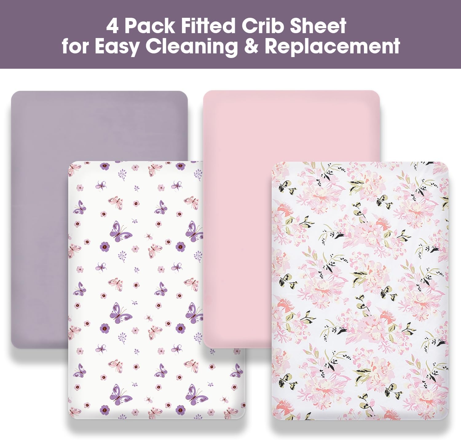 Little Grape Land Crib Sheets Girl 4 Pack, Baby Crib Sheets for Standard Crib & Toddler Mattress, Super Soft Breathable Crib Sheet Set for Girls, Floral & Butterfly - Image 2